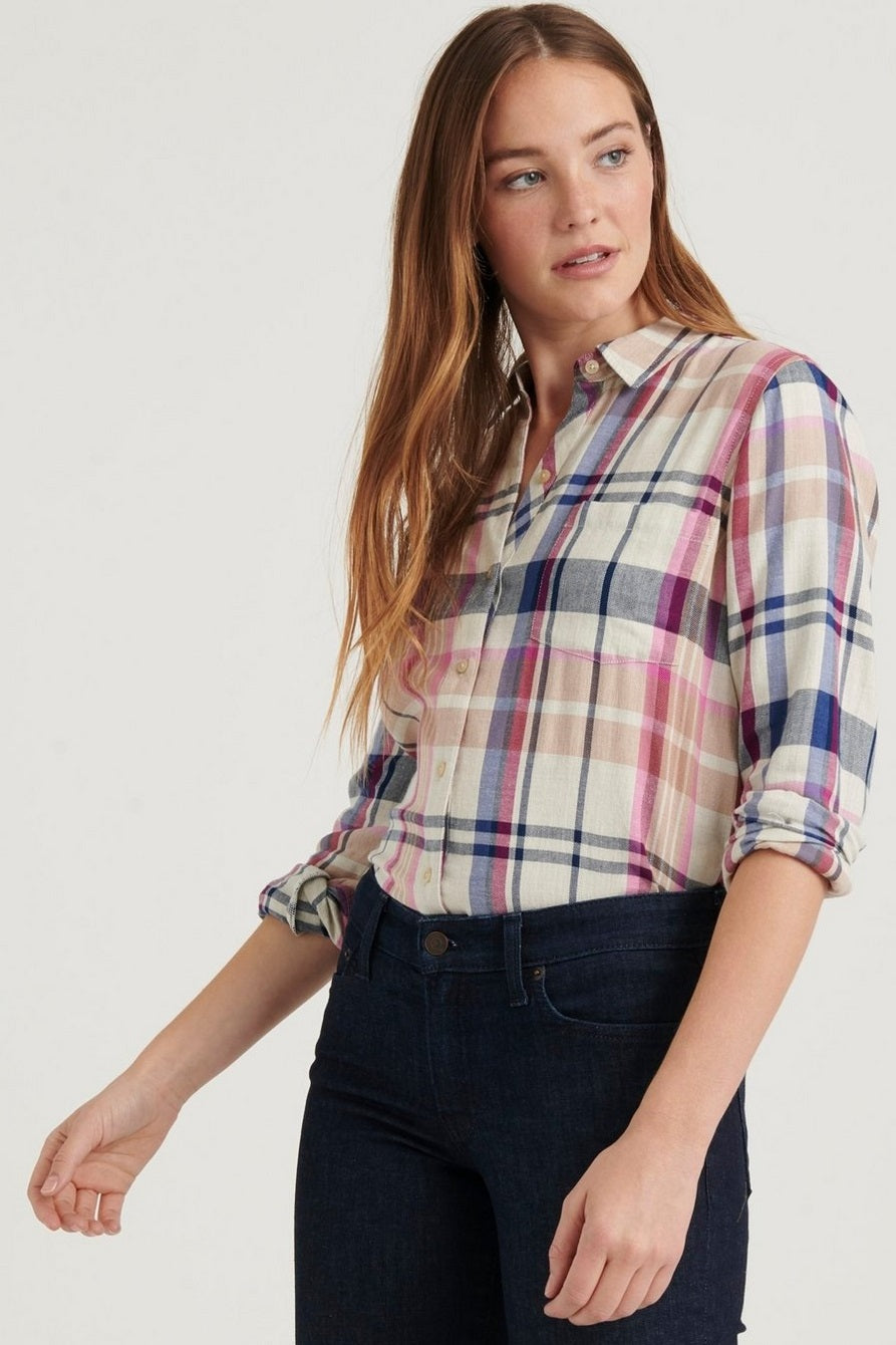 Lucky Brand Women's Classic One-Pocket Plaid Shirt White Size Small