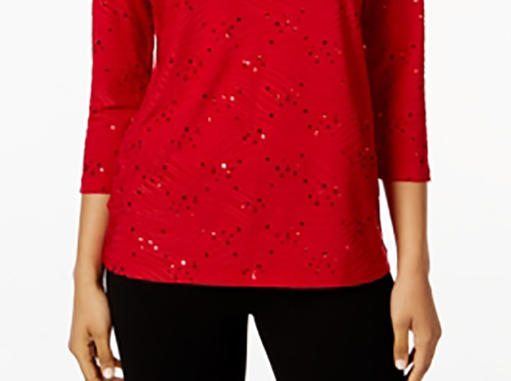 JM Collection Women's Embellished Jacquard Top  Red Size X-Small