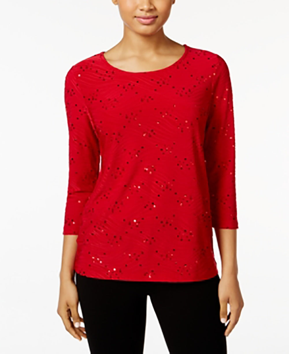 JM Collection Women's Embellished Jacquard Top  Red Size X-Small