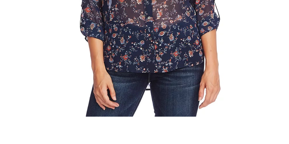 Vince Camuto Women's Ditsy Floral Shirred Shoulder Blouse Blue Size Medium