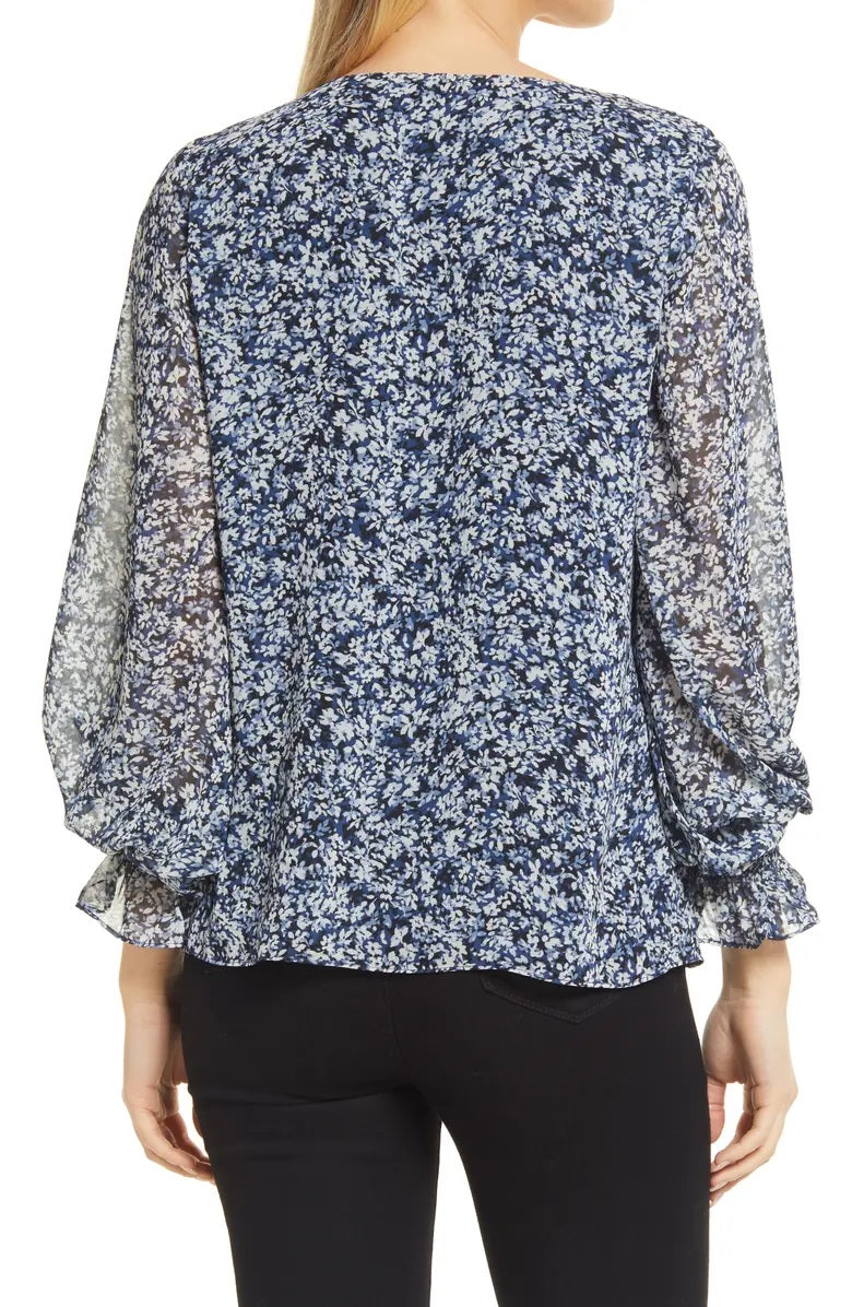 Vince Camuto Women's Floral Print Smocked Blouse Blue Size X-Large