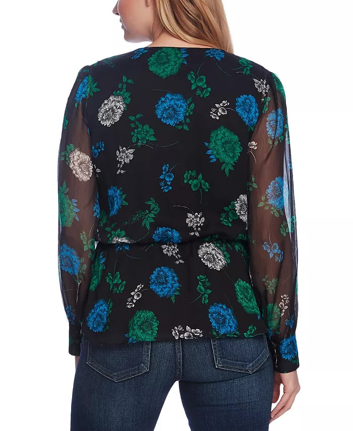 Vince Camuto Women's Floral-Print Cinched-Waist Top Black Size Small