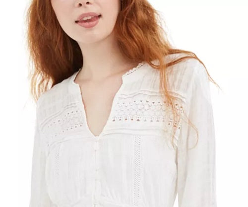American Rag Juniors'' Textured Lace-Trimmed Peplum Top White Size Small