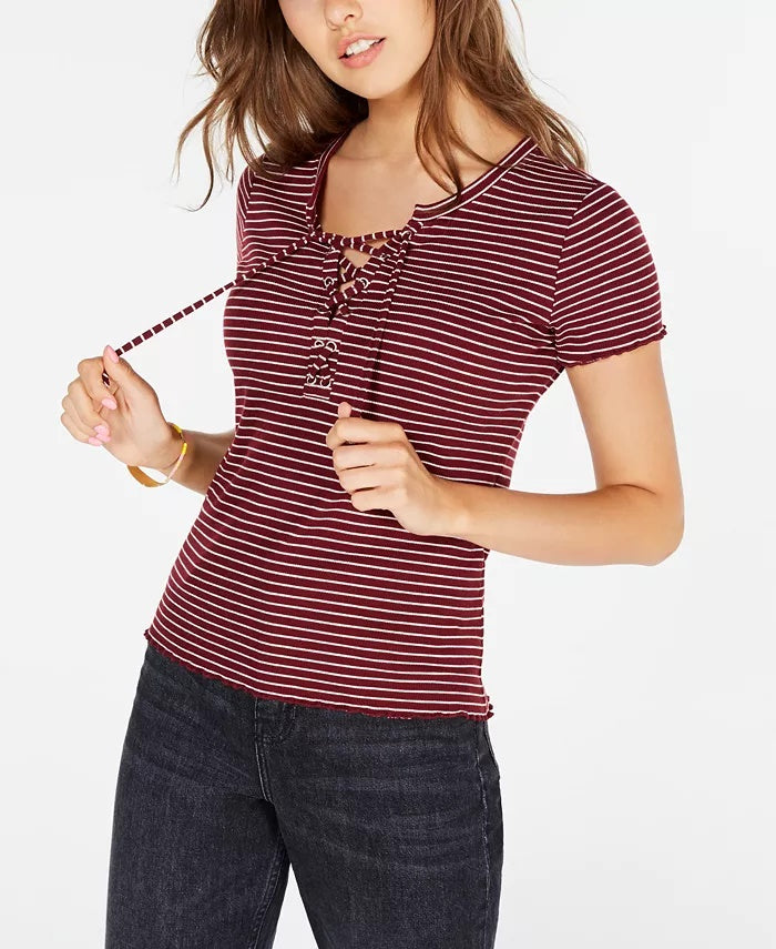 Hippie Rose Juniors' Lace-Up Rib-Knit Top Dark Red Size Extra Large