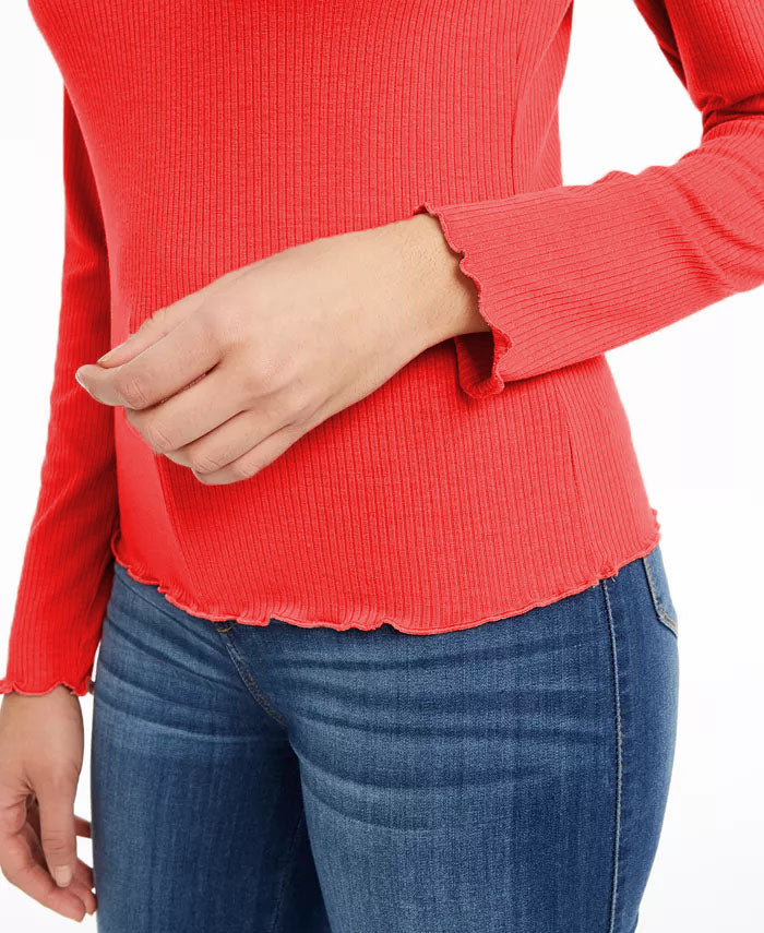 हिप्पी रोज़ जूनियर्स रिब्ड लेट्यूस-एज टॉप चमकीला लाल, साइज़ स्मॉल