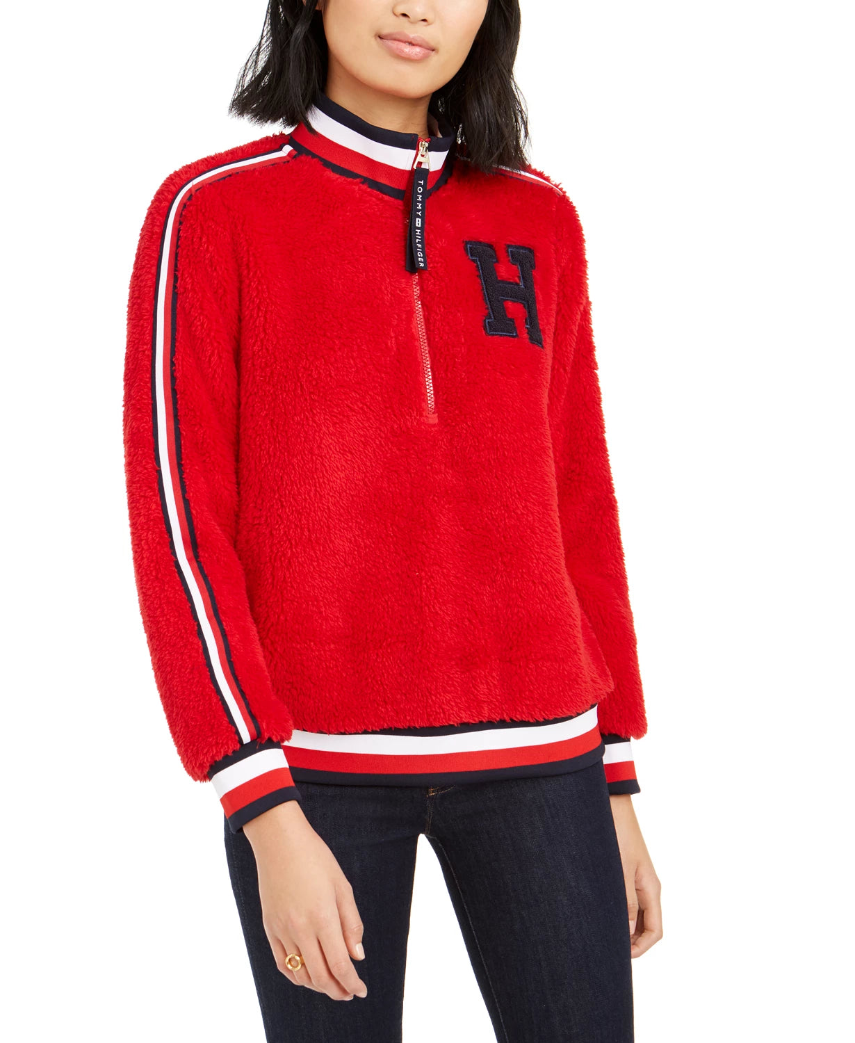Tommy Hilfiger Women's Striped Trim Sherpa Sweatshirt Red Size X-Large