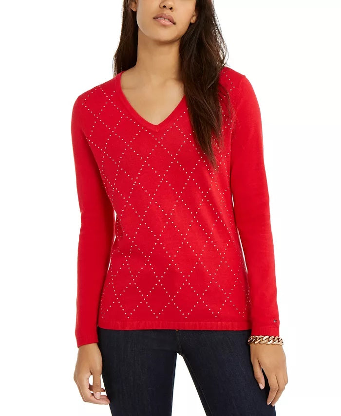 Tommy Hilfiger Women's Studded Argyle Cotton Sweater Medium Red Size X-Small