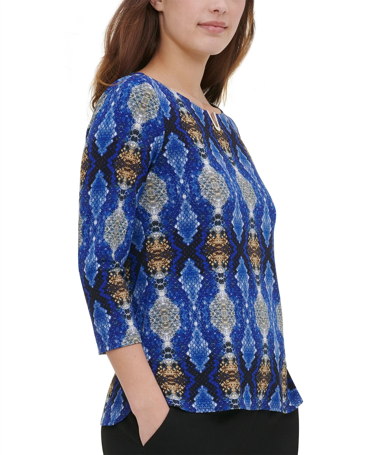 Calvin Klein Women's Embellished 3/4 Sleeve Top Blue Size X-Large