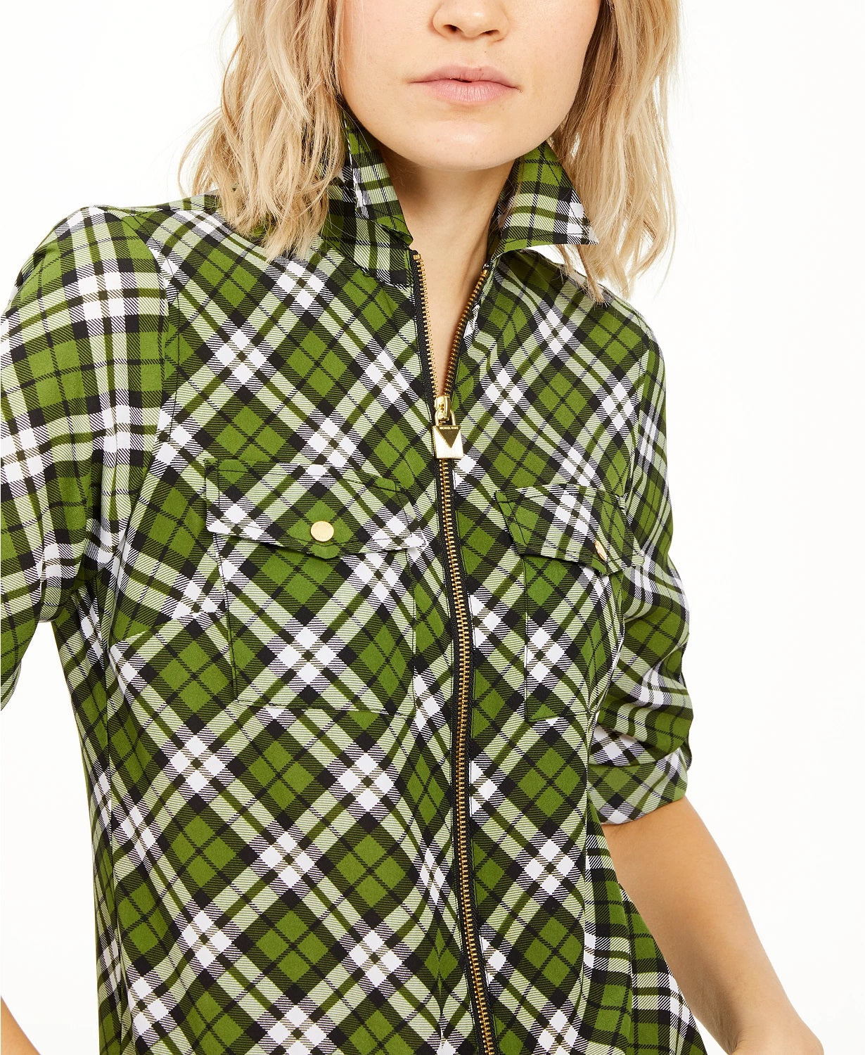 Michael Kors Women's Plaid Zip-Front Top Green Size Small