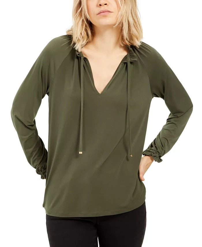 Michael Kors Women's Ruffled Long Sleeve V Neck Top Green Size Small