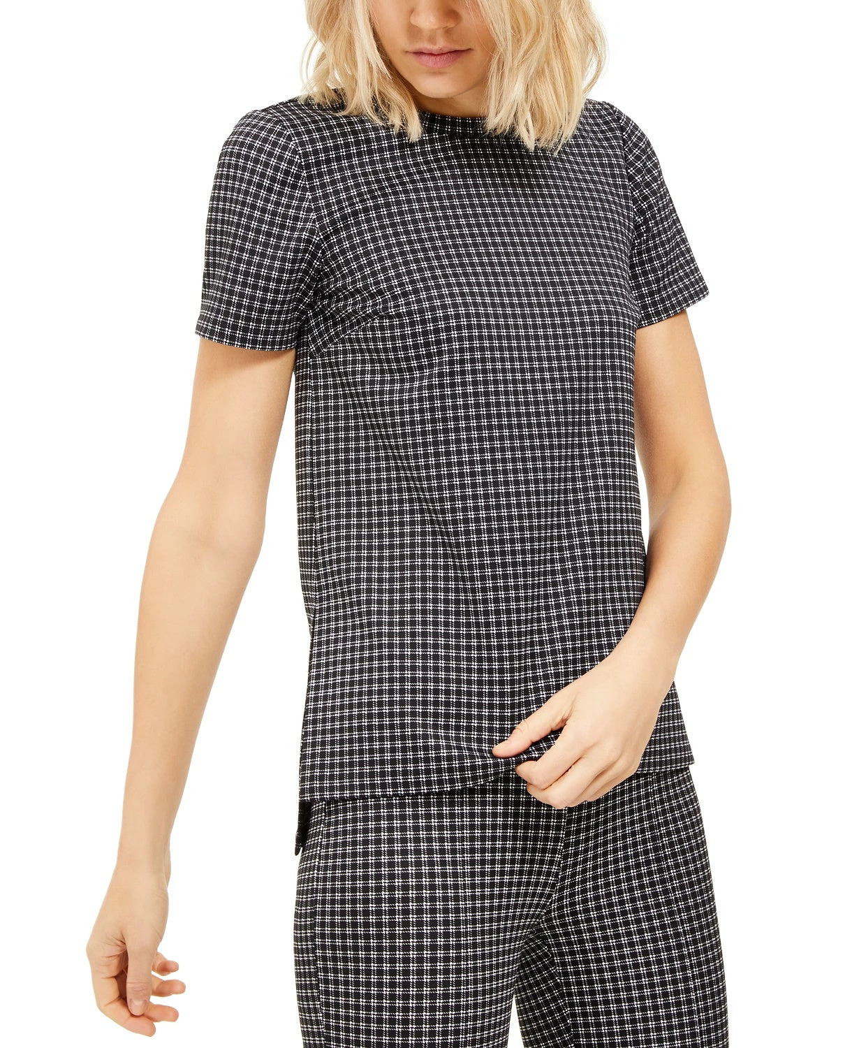Michael Kors Women's Black Check Short Sleeve Crew Neck Top Silver Size Large