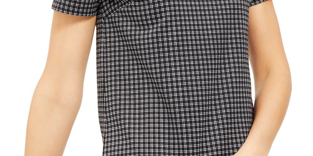 Michael Kors Women's Black Check Short Sleeve Crew Neck Top Silver Size Large