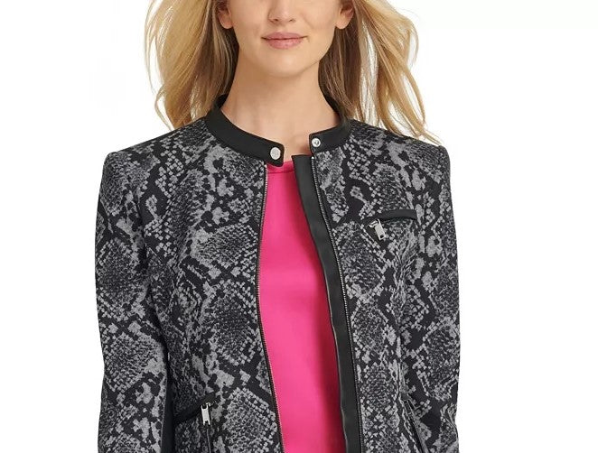 DKNY Women's Snake-Embossed Faux-Leather-Trim Jacket Gray Size 4