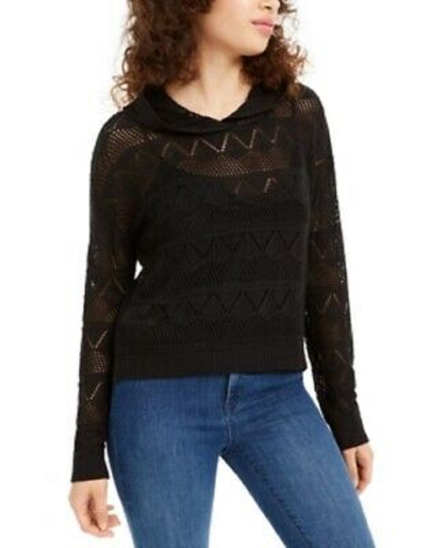 Ultra Flirt Juniors' Pointelle-Knit Hoodie Sweater Black Size Medium