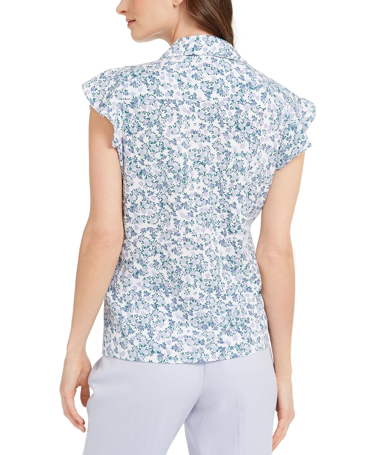 Calvin Klein Women's Printed Cap-Sleeve Button-Up Ruffled Blouse Green Size Small