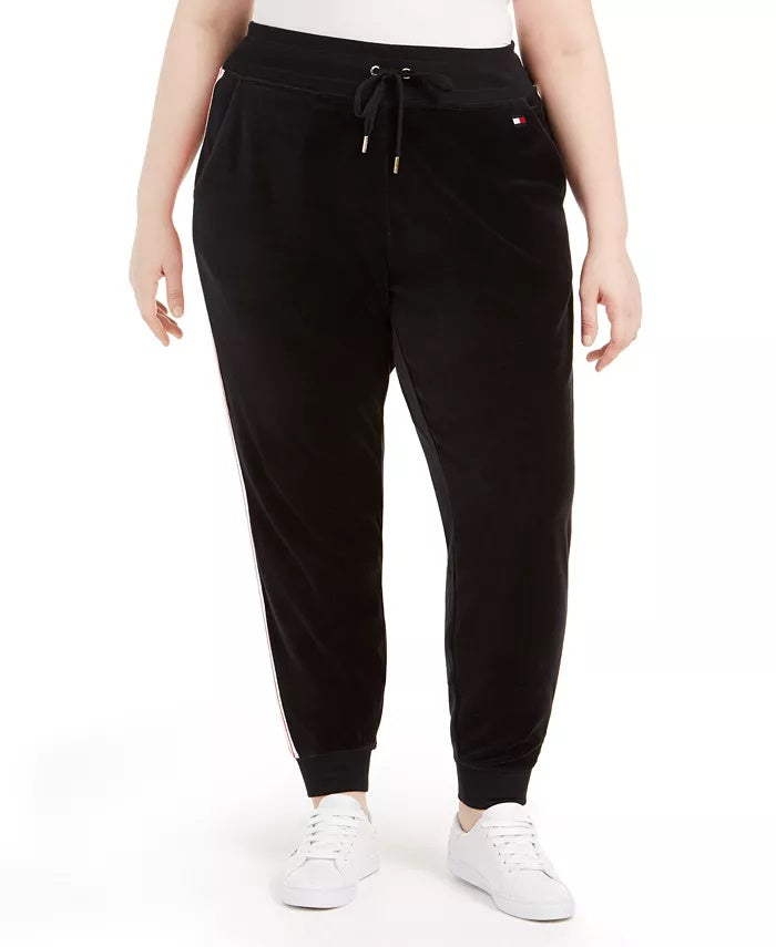 Tommy Hilfiger Sport Women's Plus Track Stripe Velour Jogger Pants Black Size 2X