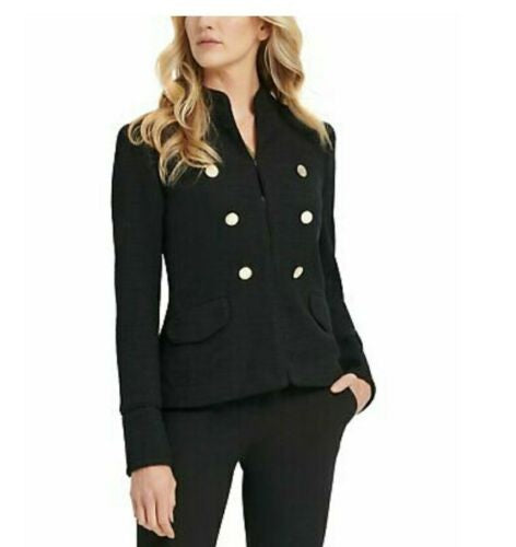 DKNY Women's Stand Collar Double Breasted Military Jacket Black Size 12
