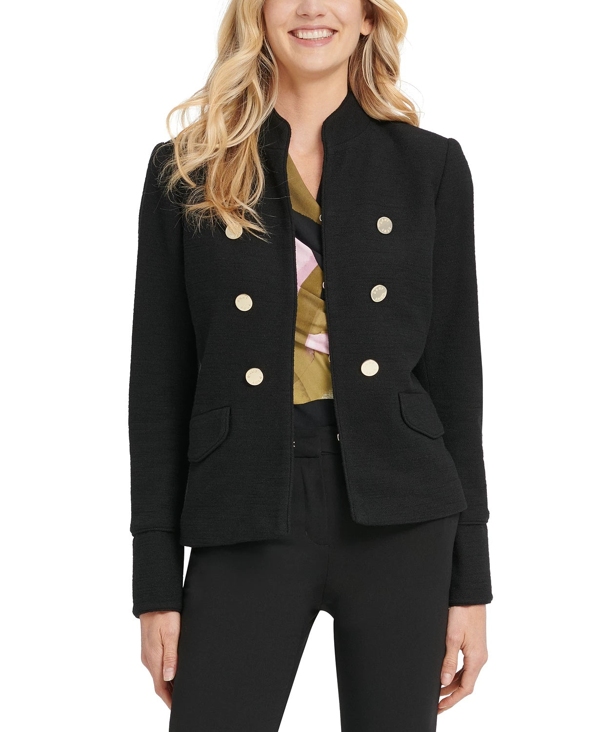DKNY Women's Stand Collar Double Breasted Military Jacket Black Size 12