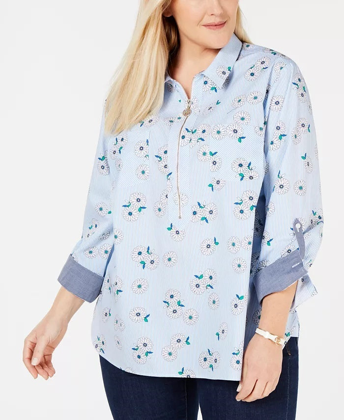 Tommy Hilfiger Women's Plus Size Cotton Printed Top Bright Blue Size 2X
