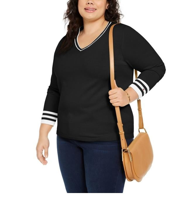 Tommy Hilfiger Women's Plus Size Cotton V-Neck Pullover Sweater Black Size 1X