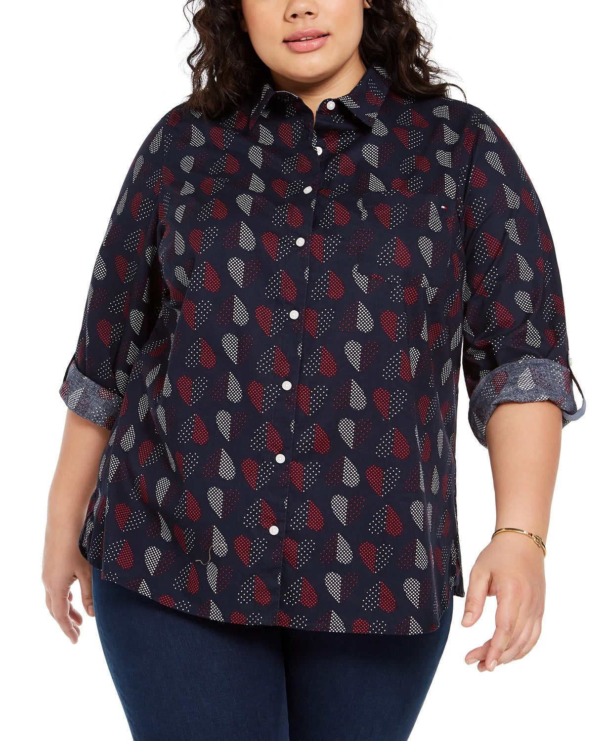 Tommy Hilfiger Women's Plus Size Polka Dot Heart Print Cotton Shirt Blue Size 3X