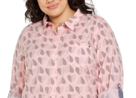 Tommy Hilfiger Women's Plus Size Polka Dot Heart Print Cotton Shirt Pink Size 3X