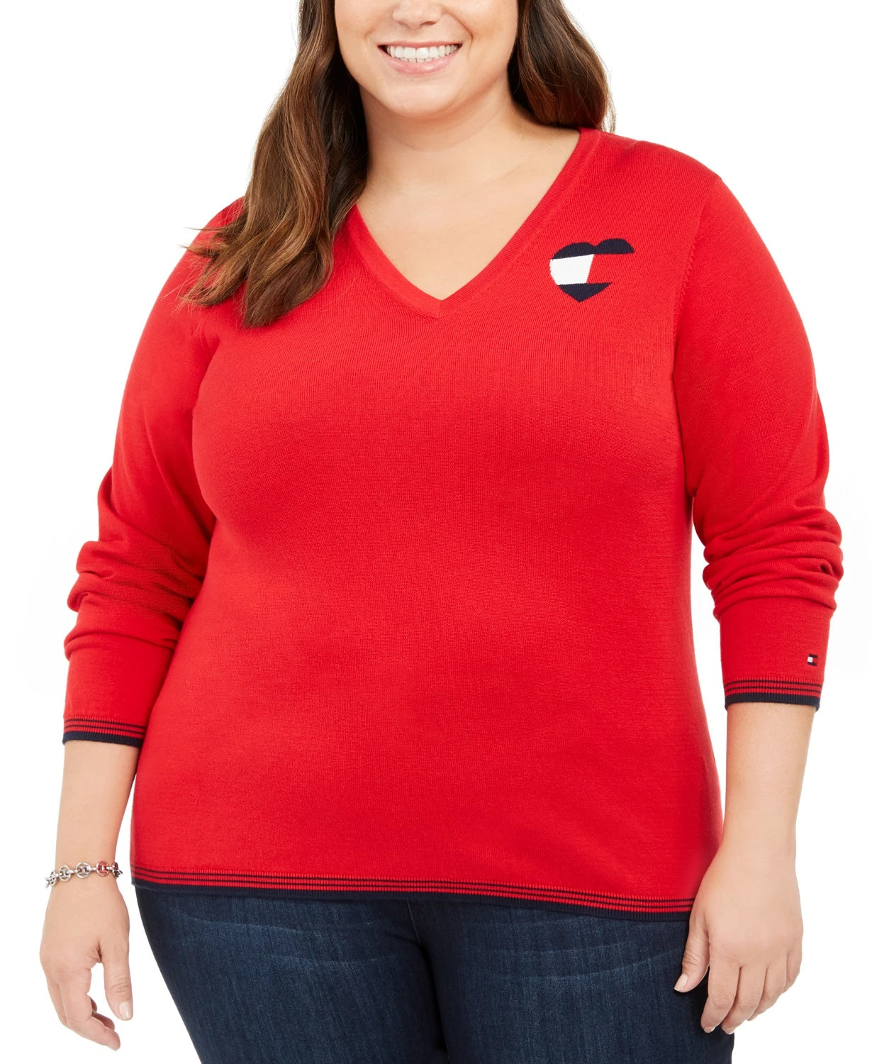 Tommy Hilfiger Women's Plus Cotton Heart Logo Sweater Red Size 2X