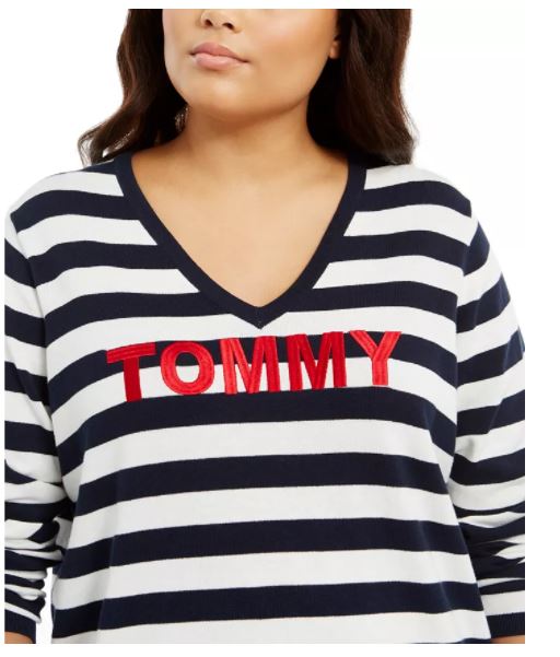Tommy Hilfiger Women's Plus Ivy Striped Logo Sweater Blue Size 3X