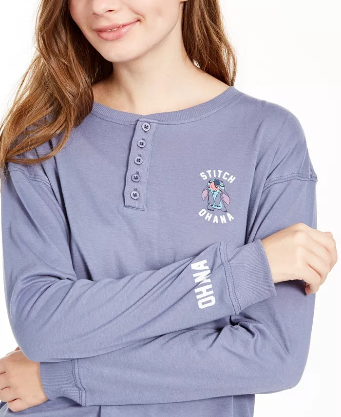 Disney Junior's Stitch Henley T-Shirt Navy Size Large