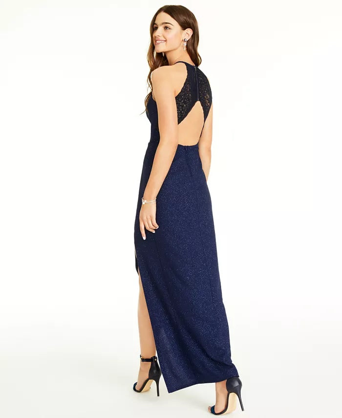 Speechless Juniors' Cutout Glitter Lace-Back Gown  Blue Size 1