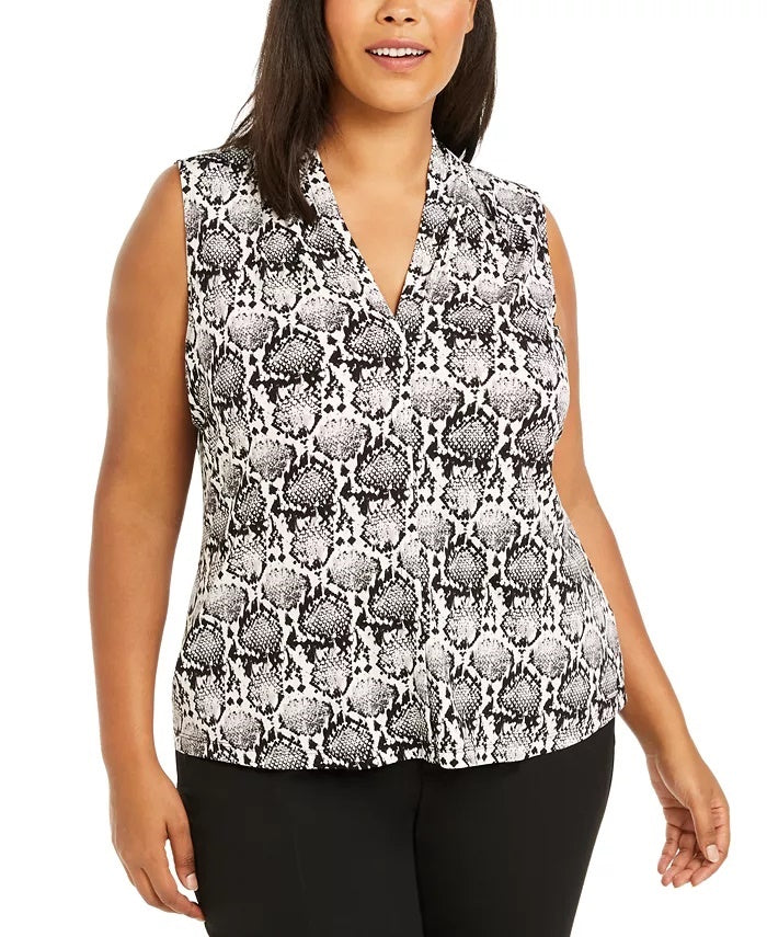 Calvin Klein Women's Plus Size Sleeveless Printed V-Neck Top Charcoal Size 1X