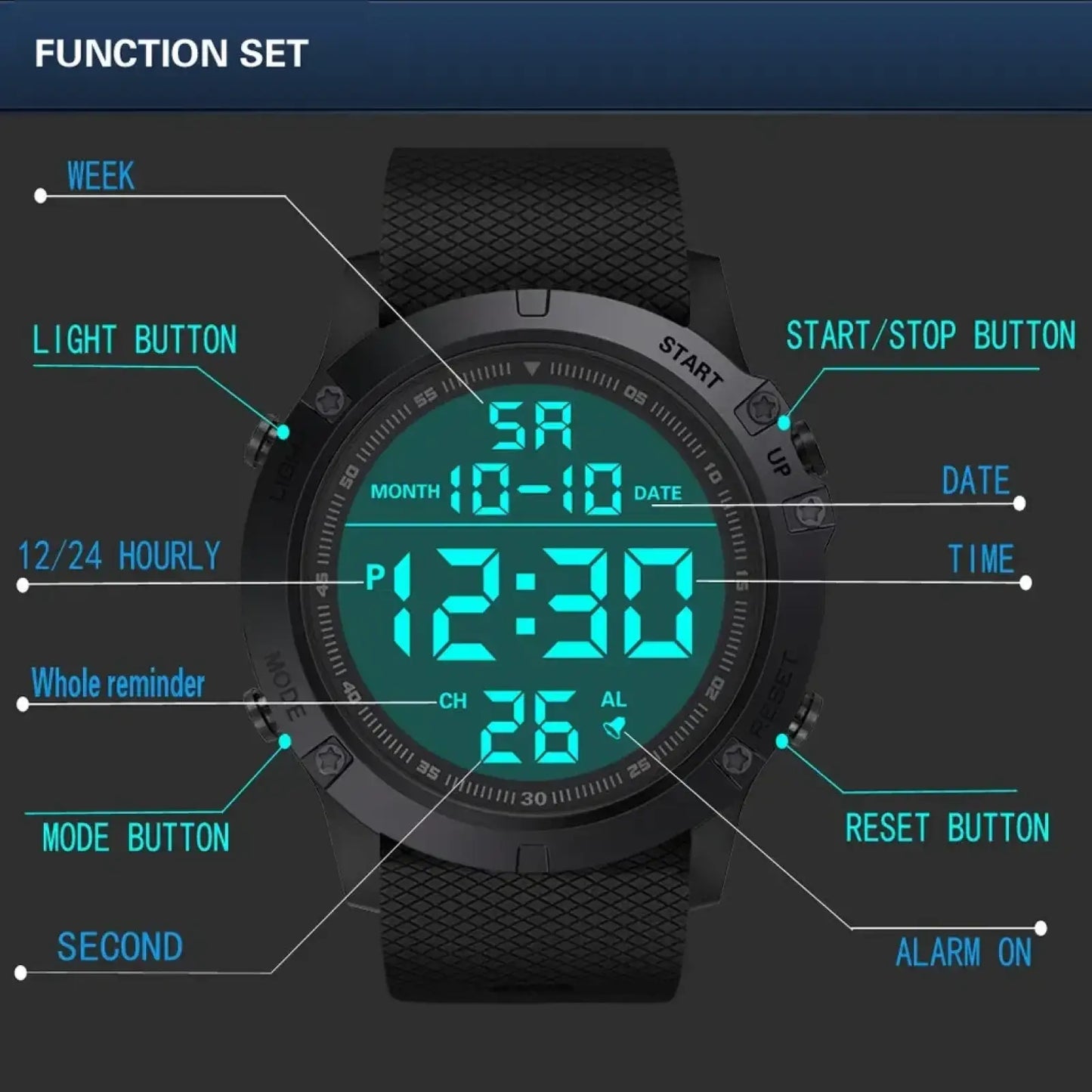 Tactical Waterproof Digital Sports Watch with Teal Led Display