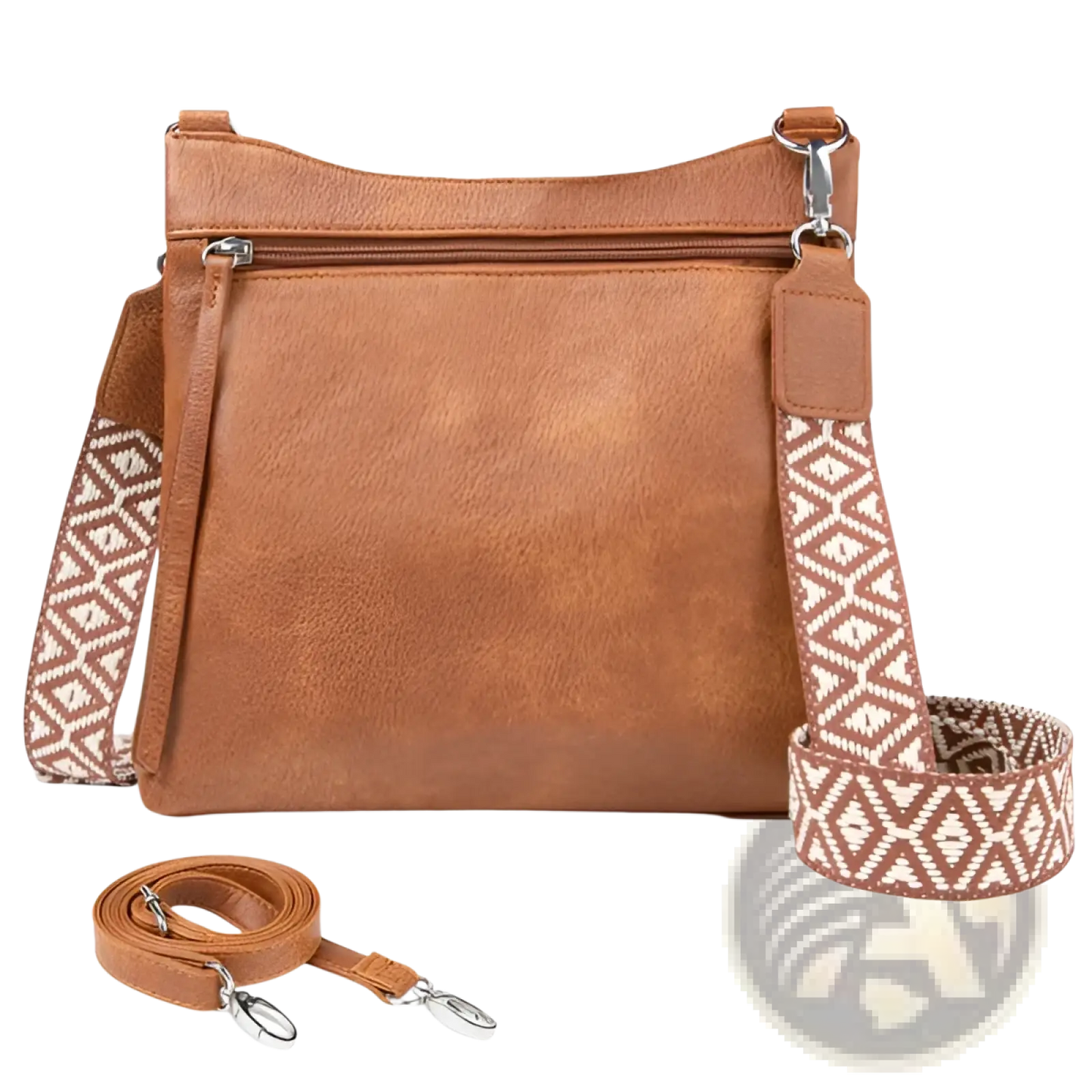 Tan Faux Leather Multi Pocket Crossbody Bag with Patterned Strap