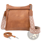 Tan Faux Leather Multi Pocket Crossbody Bag with Patterned Strap