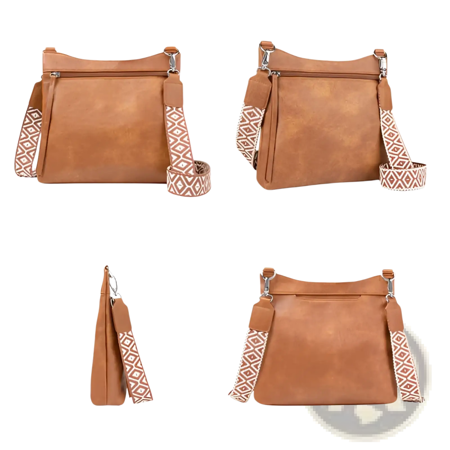 Tan Faux Leather Multi Pocket Crossbody Bag with Patterned Strap
