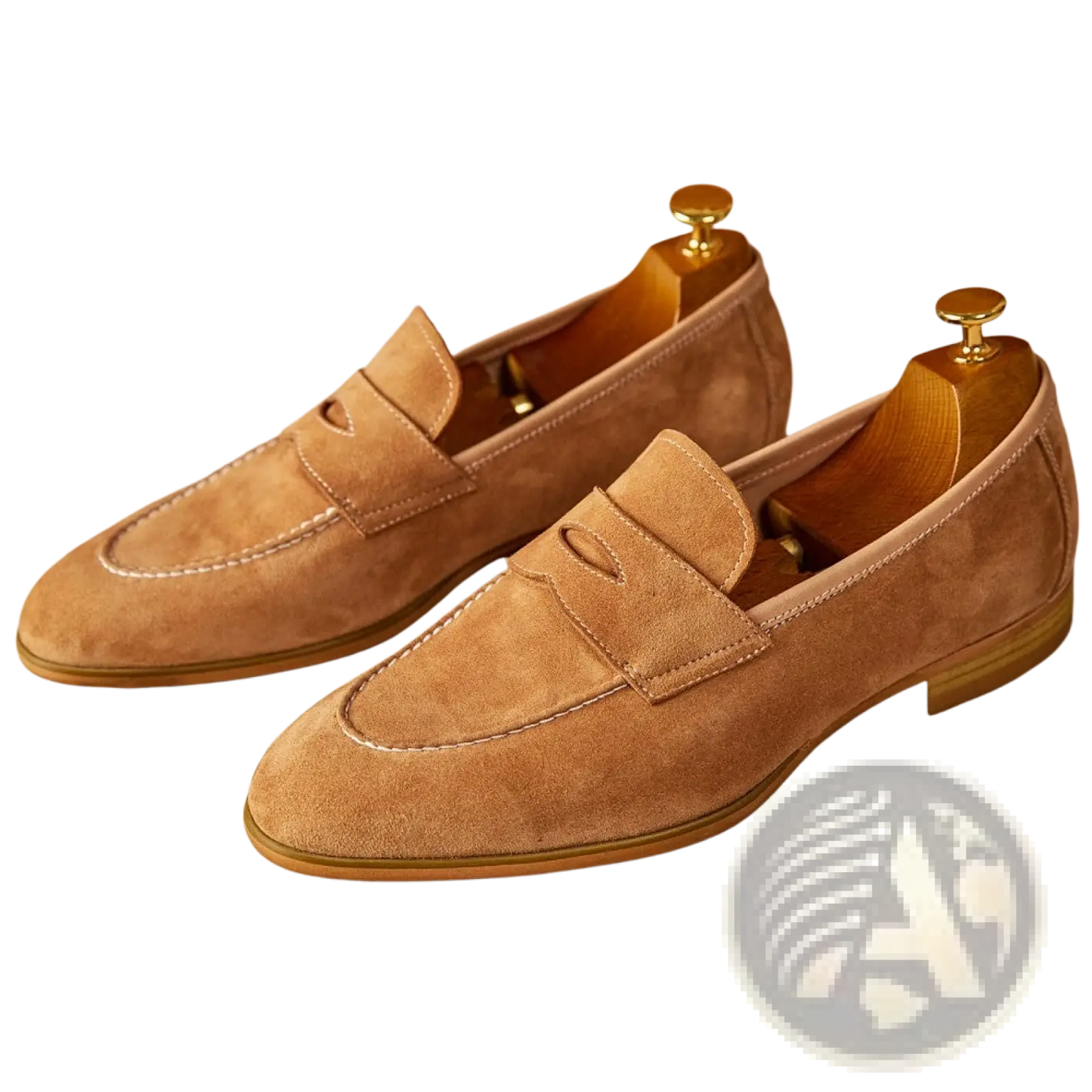 Tan Suede Penny Loafers with White Contrast Stitching