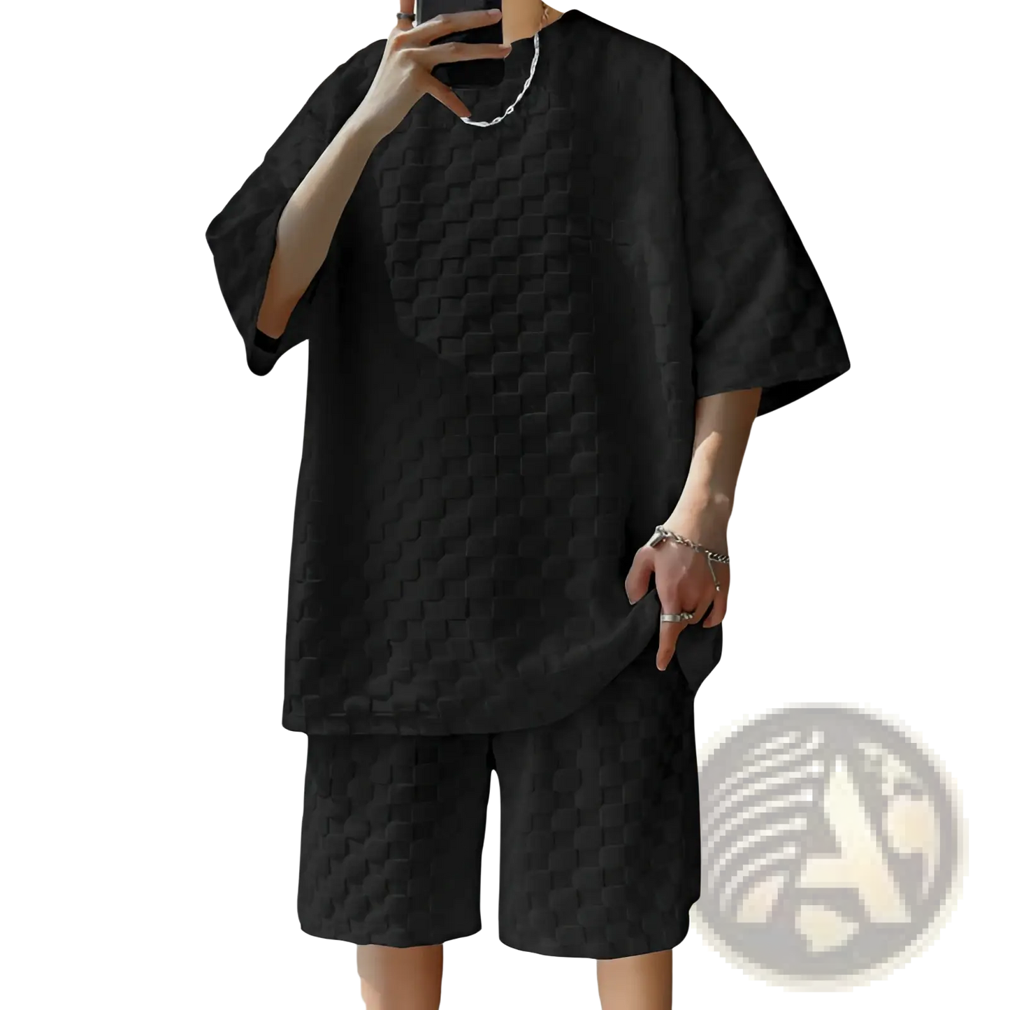 Textured Geometric Cotton Blend T-shirt and Shorts Set