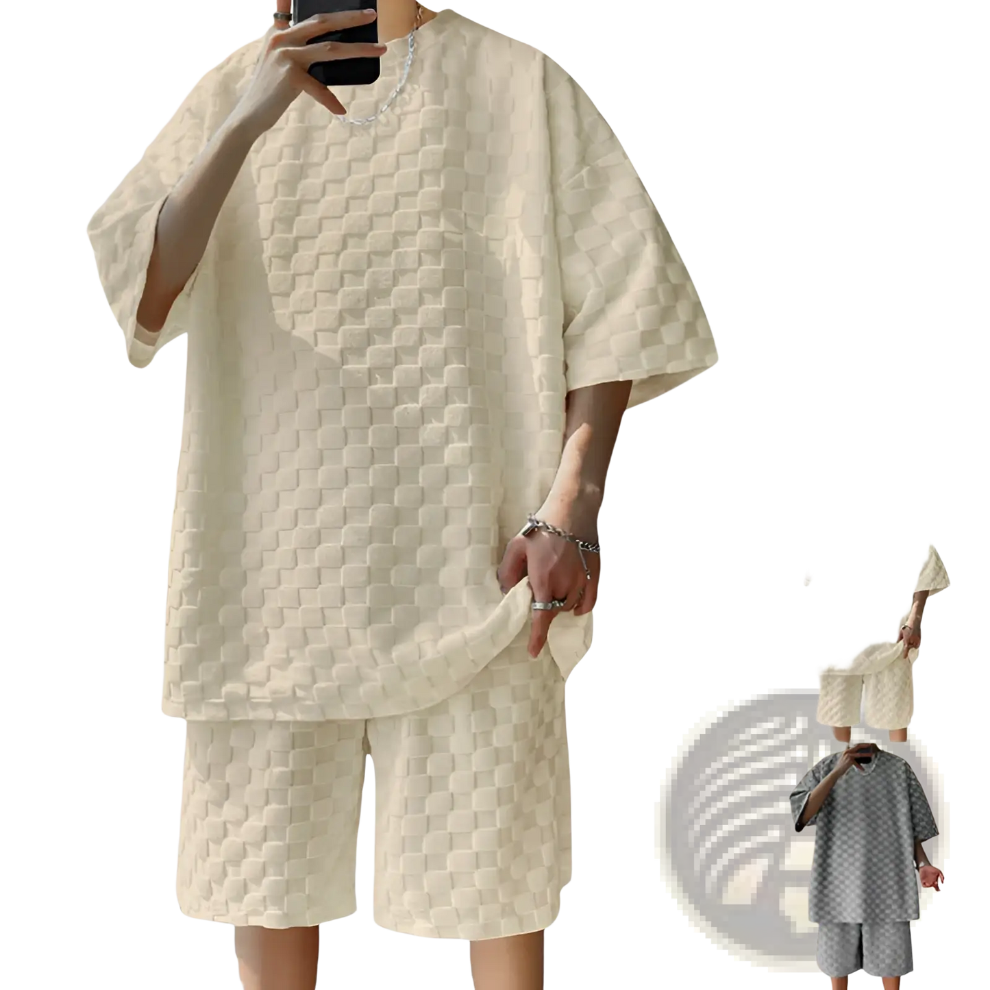 Textured Geometric Cotton Blend T-shirt and Shorts Set