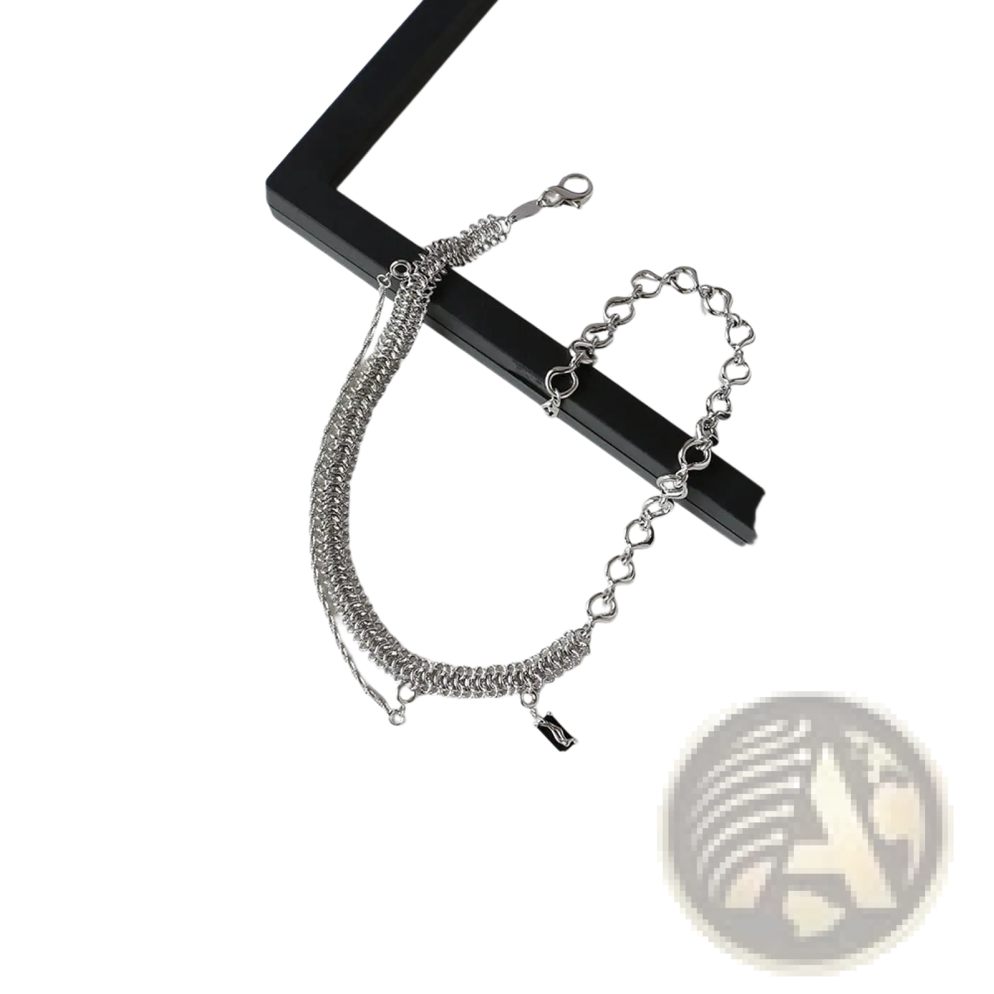 Textured Heart Link Silver Necklace with Black Charm