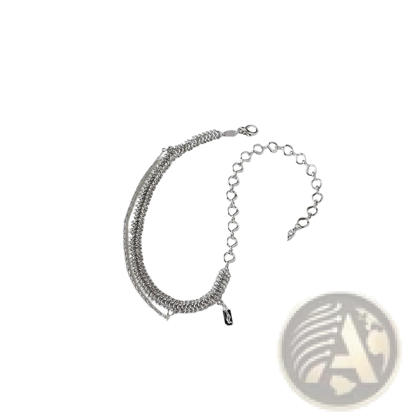 Textured Heart Link Silver Necklace with Black Charm