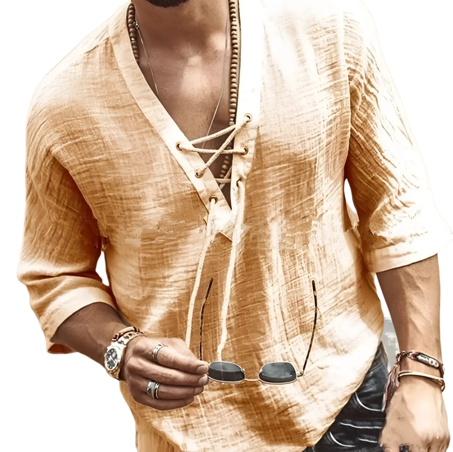 Textured Linen Lace Up v Neck Shirt