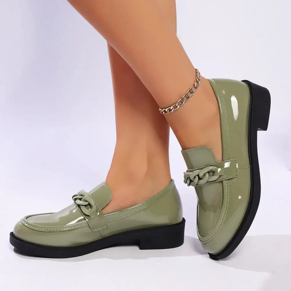 Olive Green Patent Leather Chunky Chain Loafers