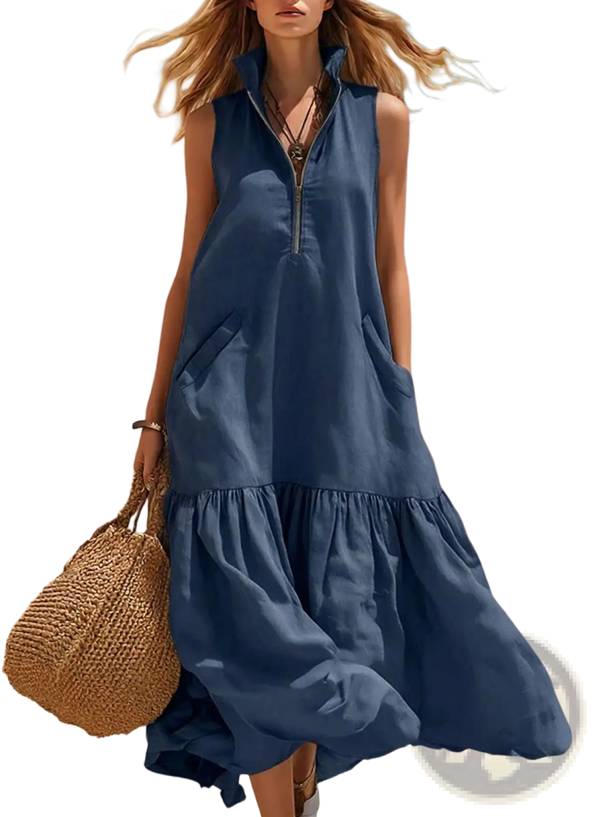 Tiered Sleeveless Maxi Dress with Zipper Neckline
