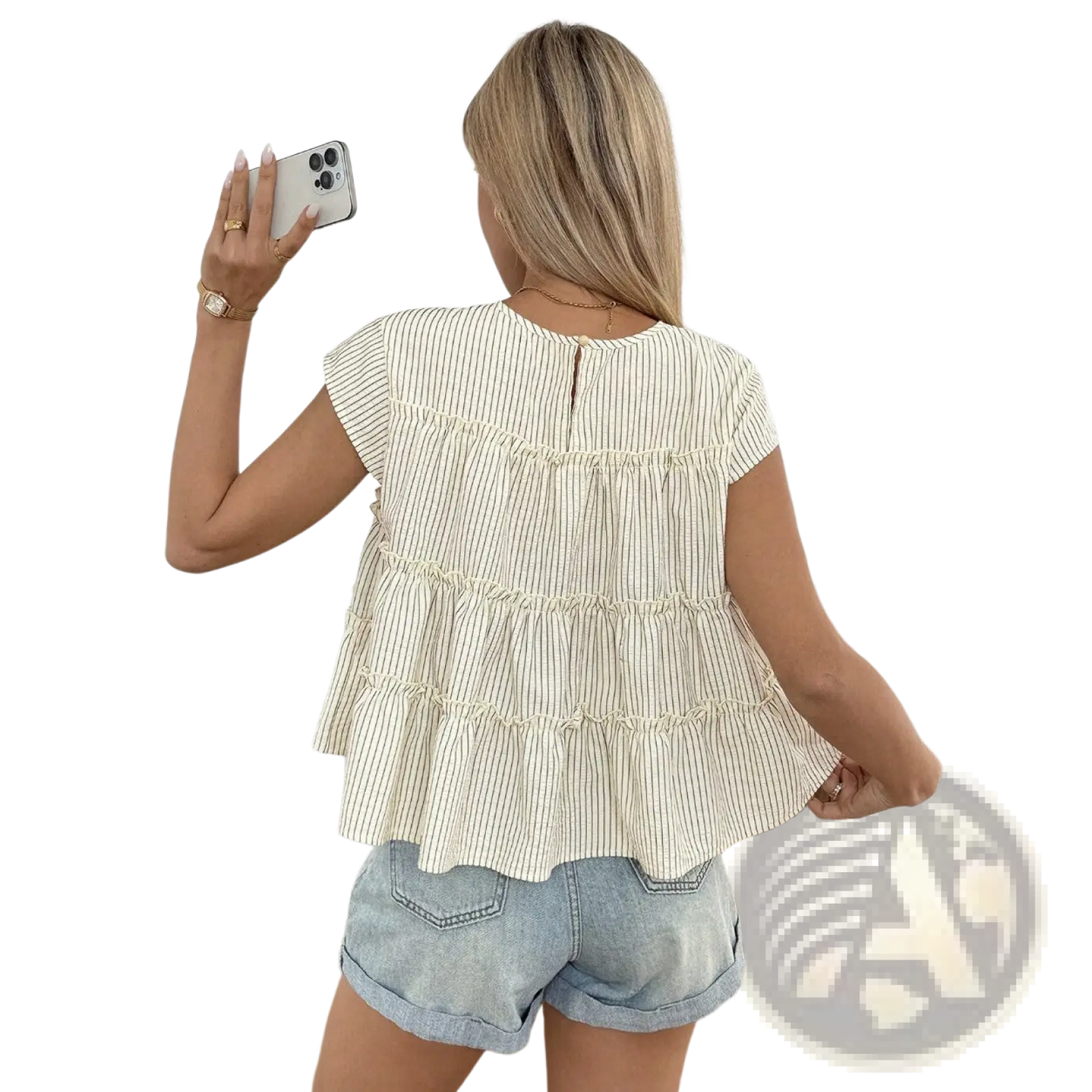 Tiered Striped Ruffle Hem Blouse in Beige