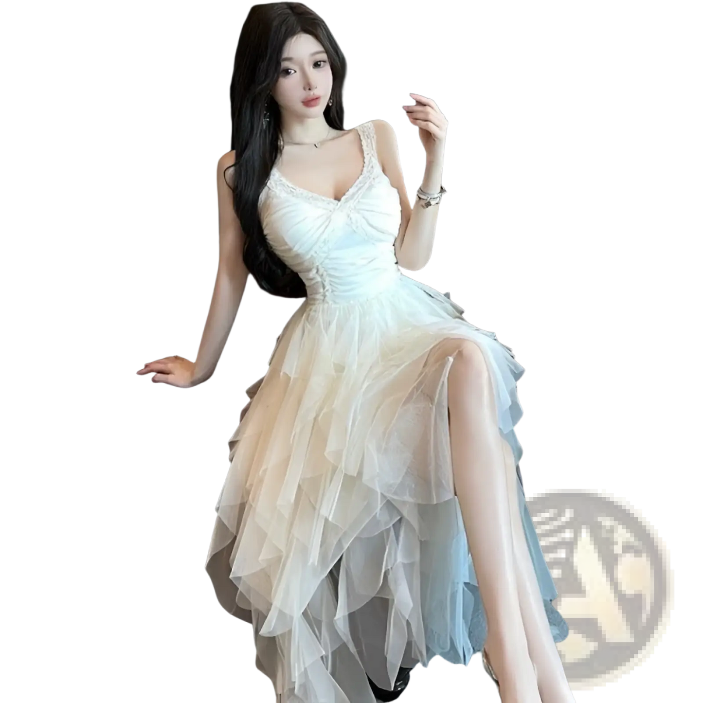 Tiered Tulle and Lace Mesh Evening Gown