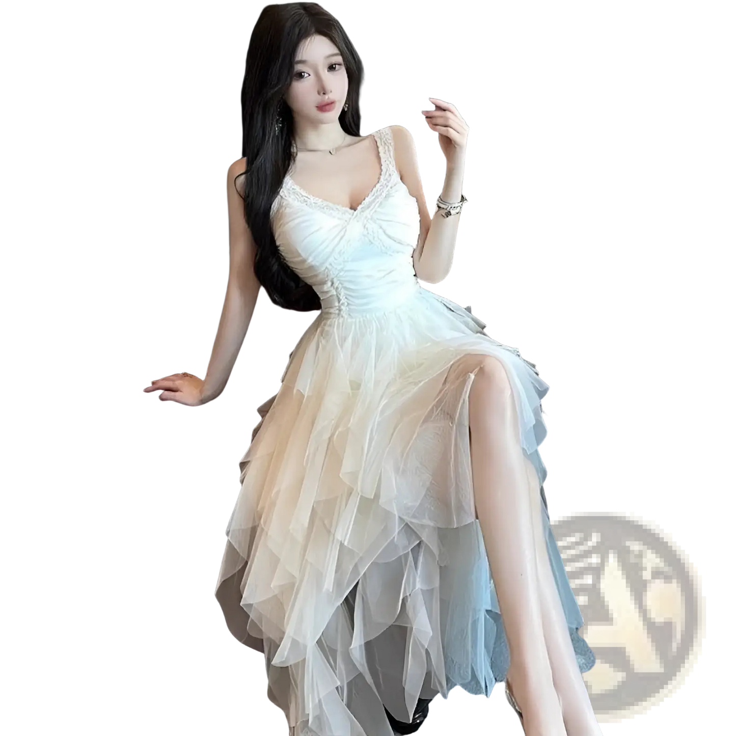 Tiered Tulle and Lace Mesh Evening Gown