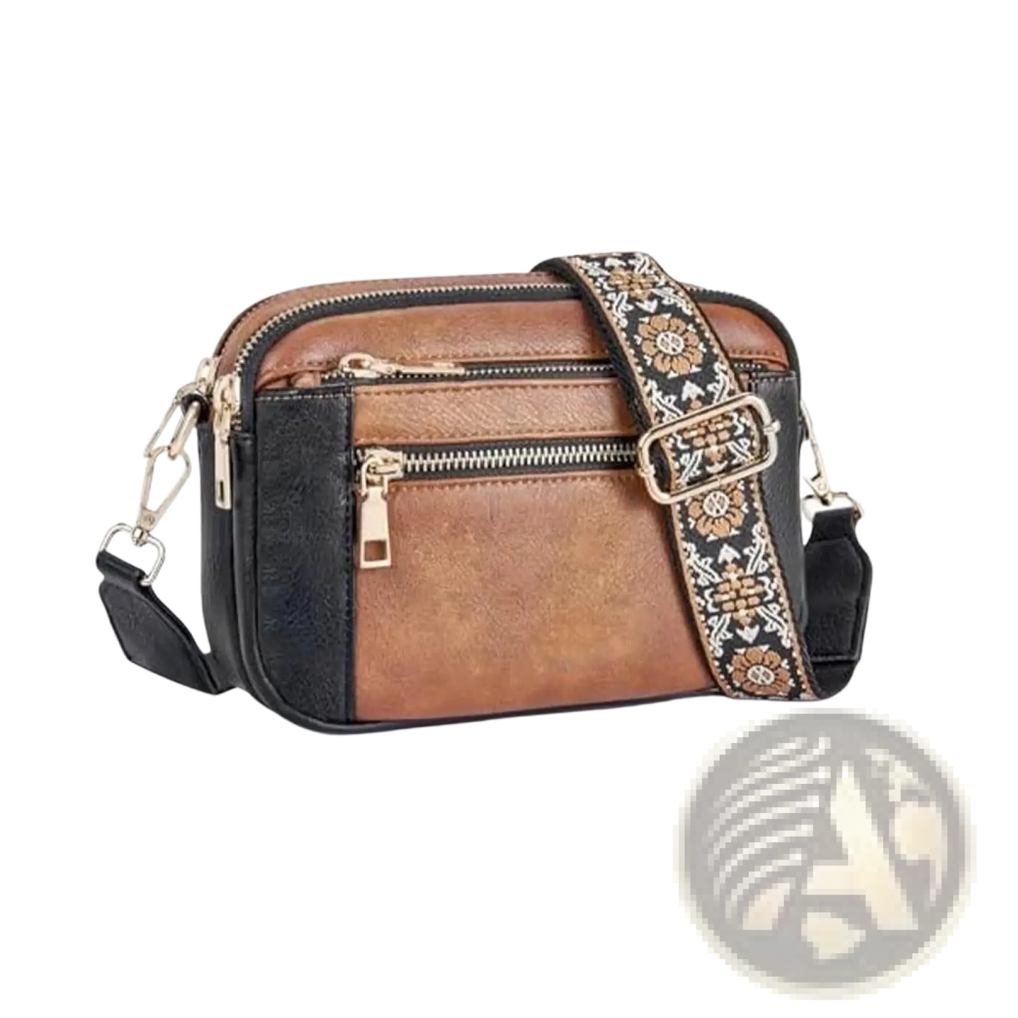 Triple Zipper Floral Strap Colorblock Crossbody Bag