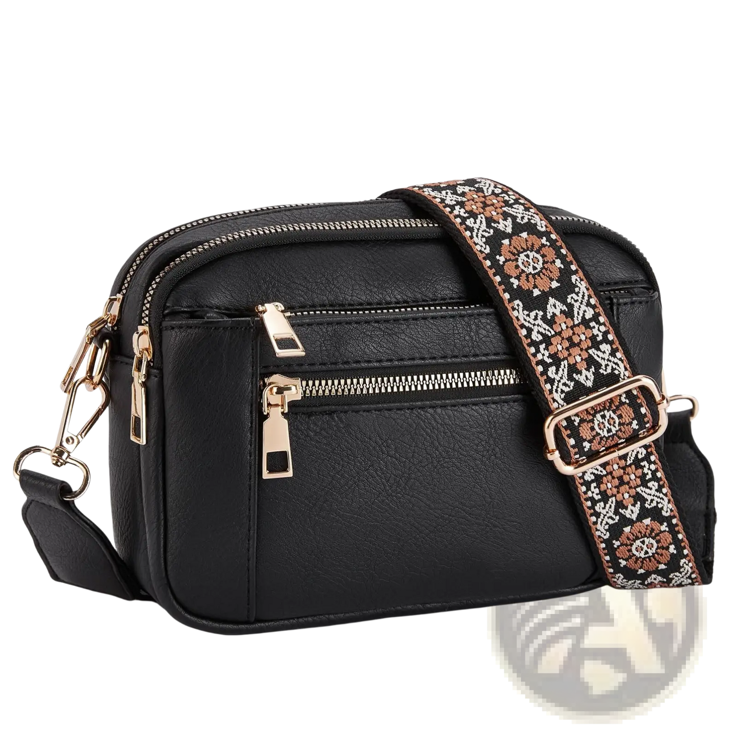 Triple Zipper Floral Strap Colorblock Crossbody Bag