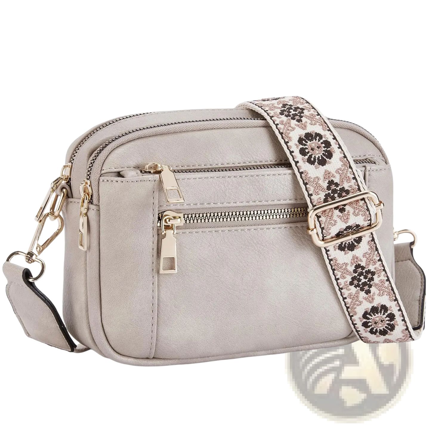 Triple Zipper Floral Strap Colorblock Crossbody Bag