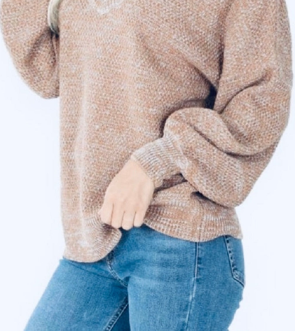 Frankie & Pop Women's Balloon Sleeve Detail Knit Lightweight Spring V neck Pullover Sweater Brown Size X-Large